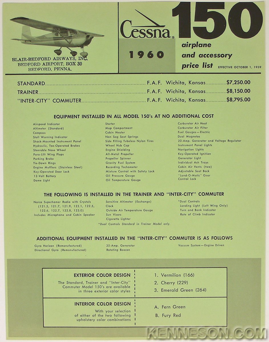 Cessna Aircraft 150 1960 Trainer Airplane and Accessory Price List Brochure